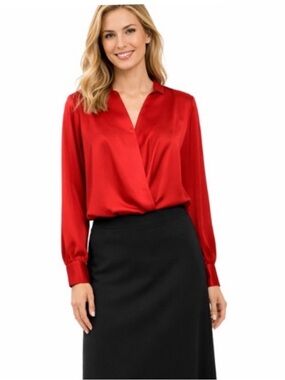 The Limited Blouse Red Satin Feel Button V-Neck Cuff Long Sleeve Large